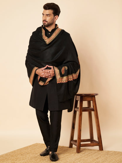 Pure Wool Shawl with Royal Kashmiri Sozni Embroidery and Zari Border - view 3
