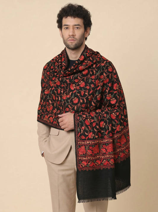 Kashmiri Aari Embroidery Woollen Stole for Men | Black