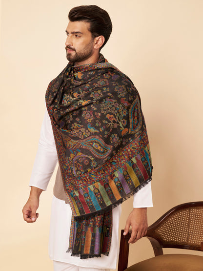 Kani Floral Weave Soft Woolen Stole for Men | Black