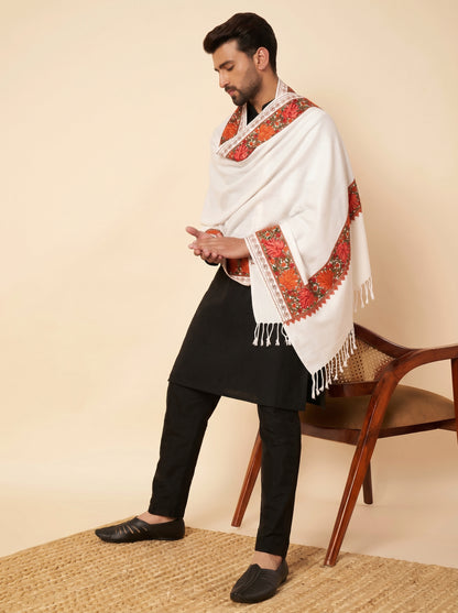 Kashmiri Aari Embroidery Woollen Stole for Men | White - view 5