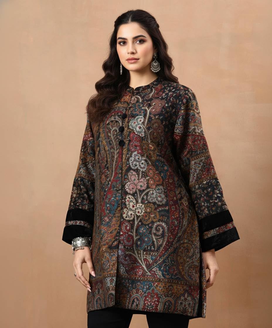 Women's Kaani Woven Winter Kurta | Black - view 3