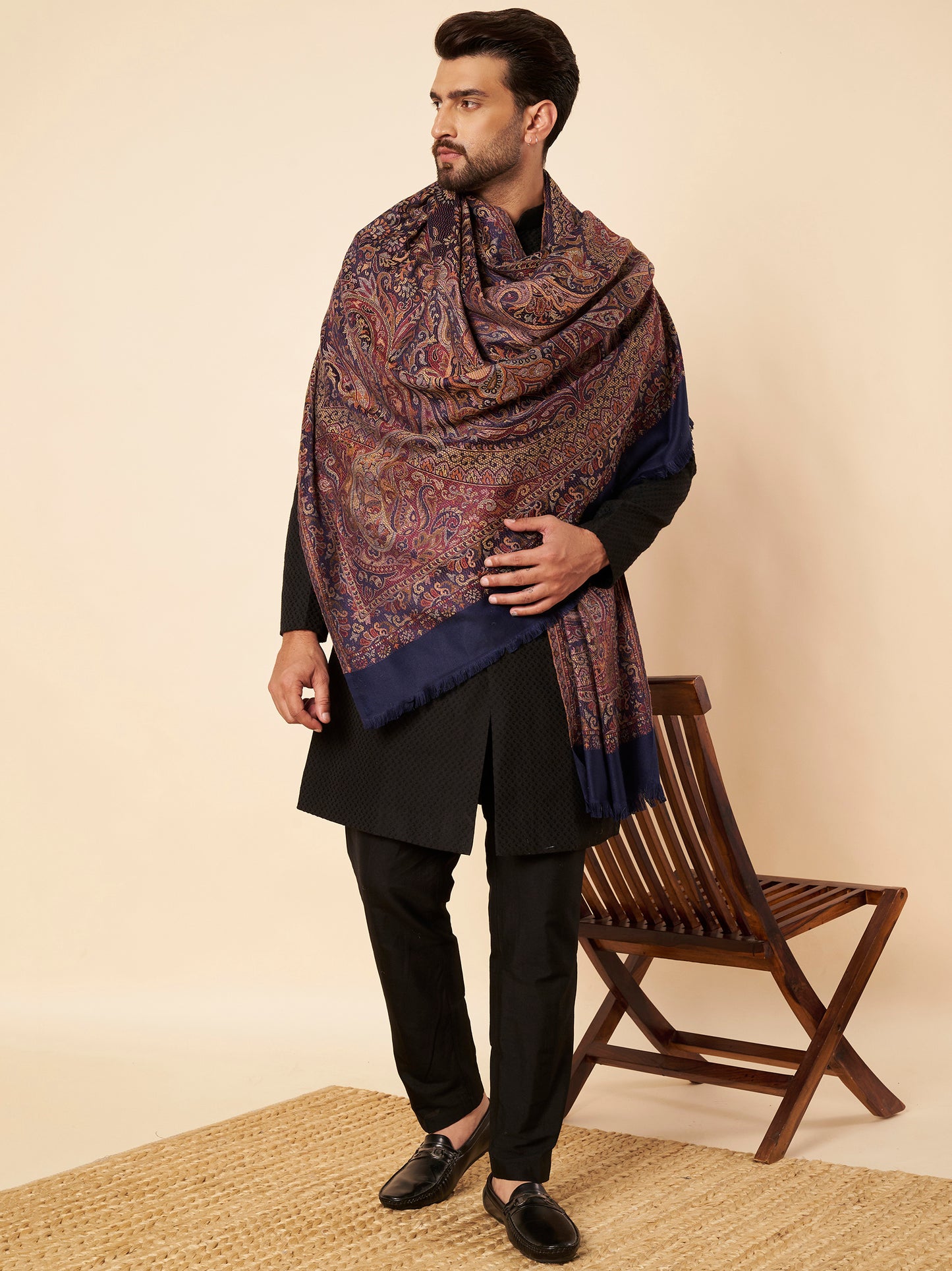 Warm Faux Pashmina Jacquard Woven Jamawar Mughal Shawl (Navy Blue)