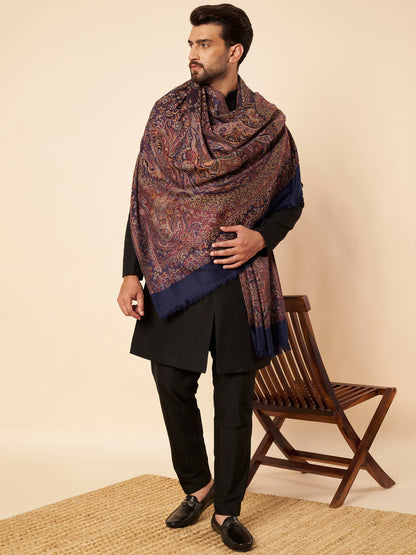 Warm Faux Pashmina Jacquard Woven Jamawar Mughal Shawl (Navy Blue)