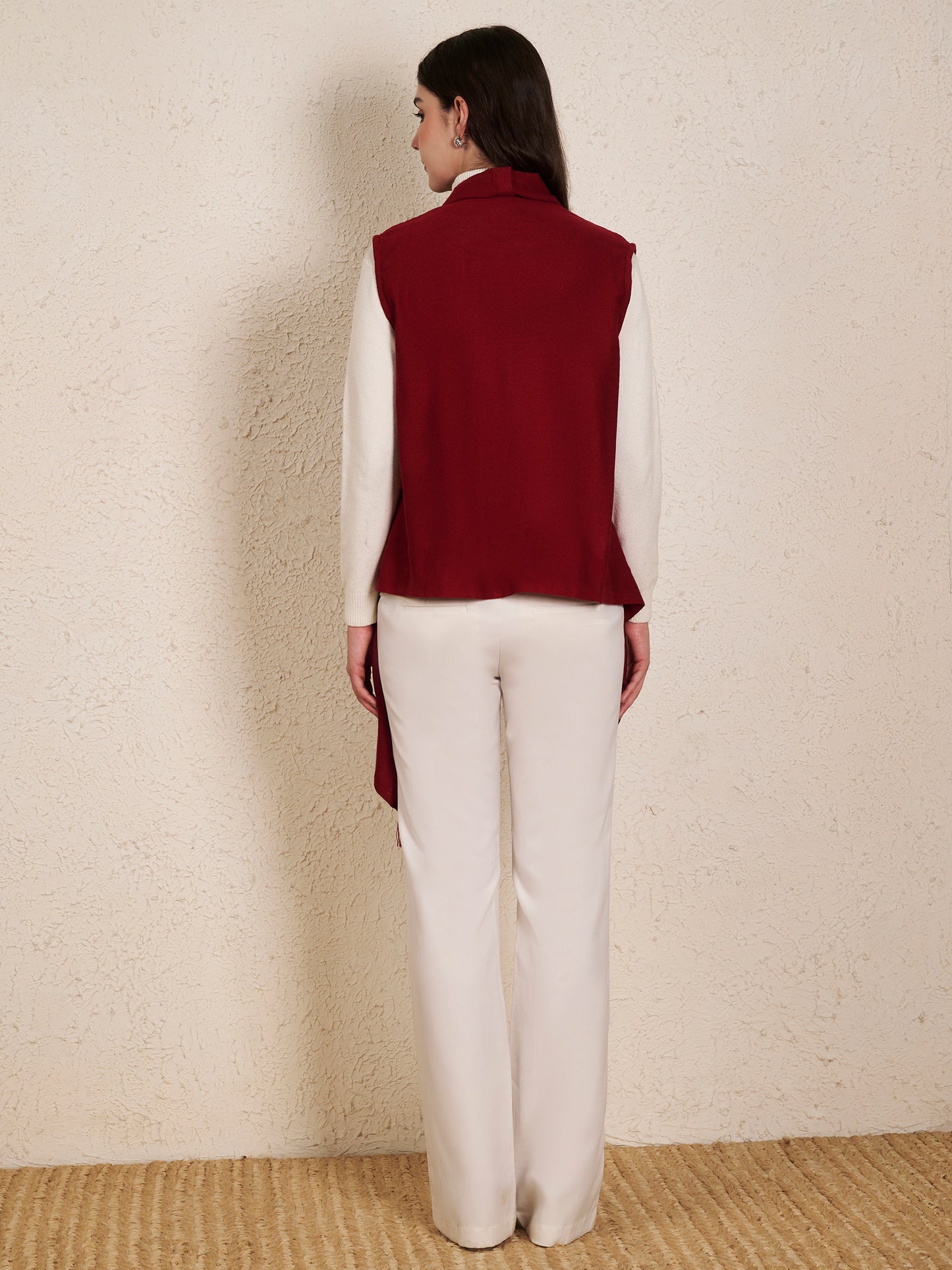 Women's Sleeveless Plain Shrug Cardigan | Maroon