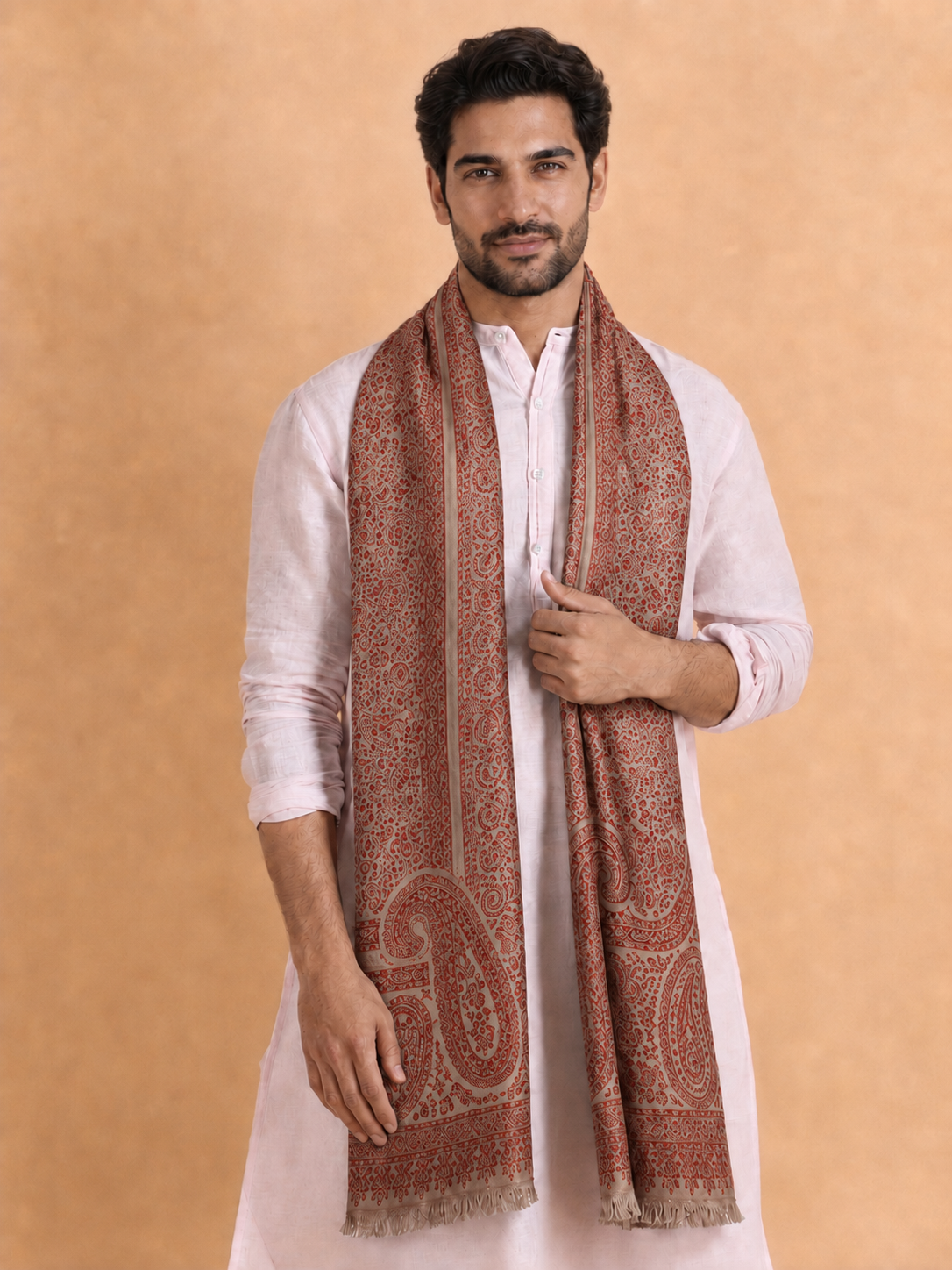 Kashmiri Kani Stole for Men in Floral Weaving | Brown