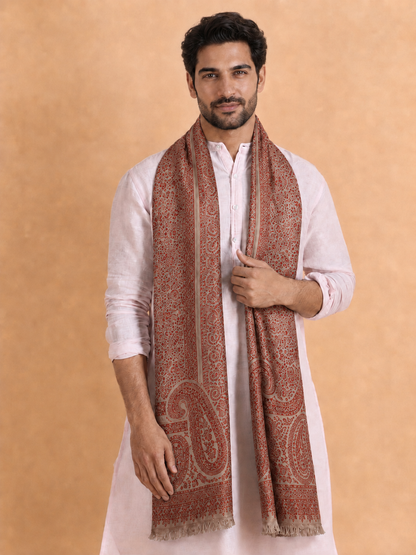 Kashmiri Kani Stole for Men in Floral Weaving | Brown