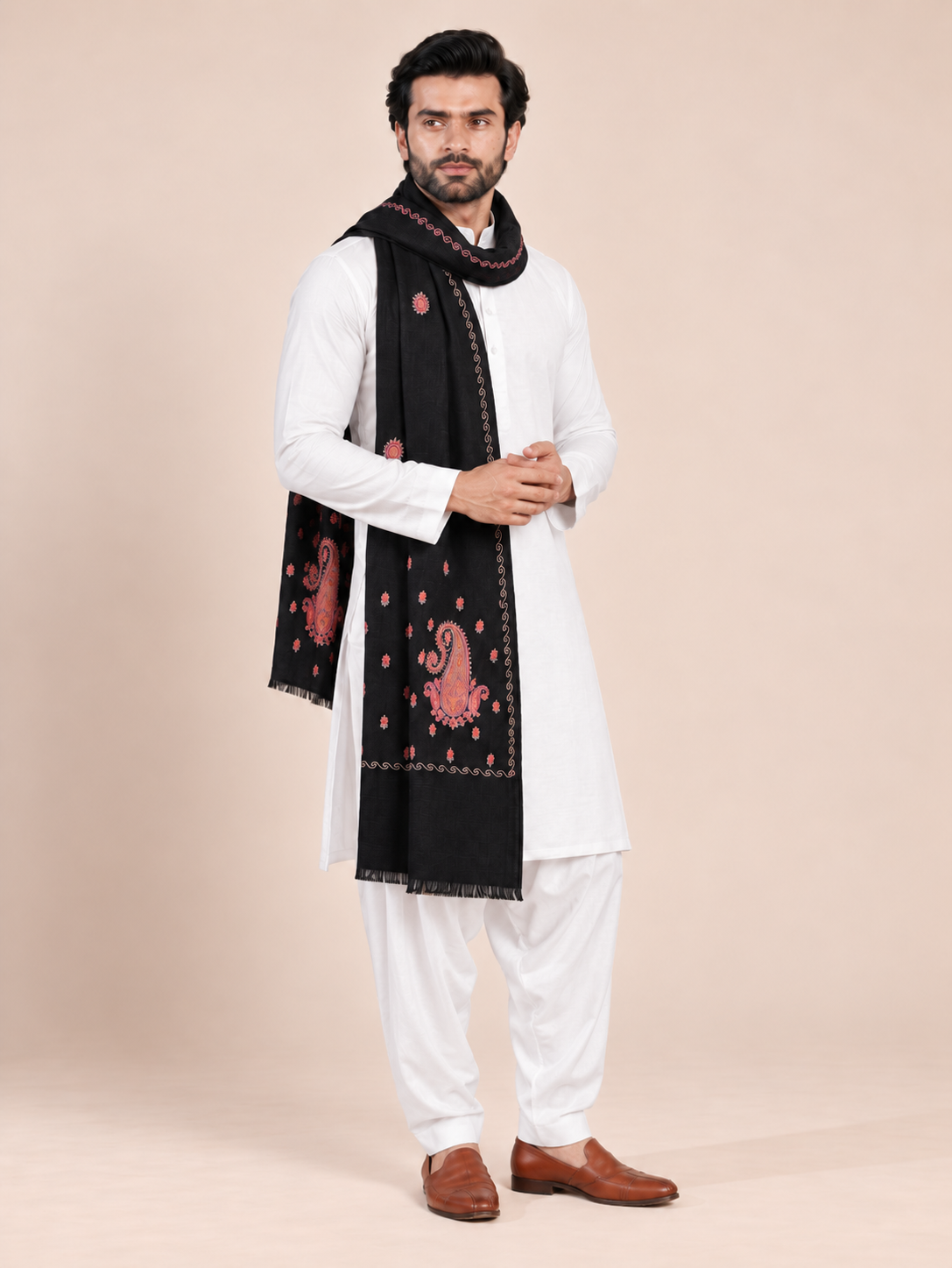 Fine Embroidery Paper Mache Kashmiri Wool Shawl for Men | Black - view 4