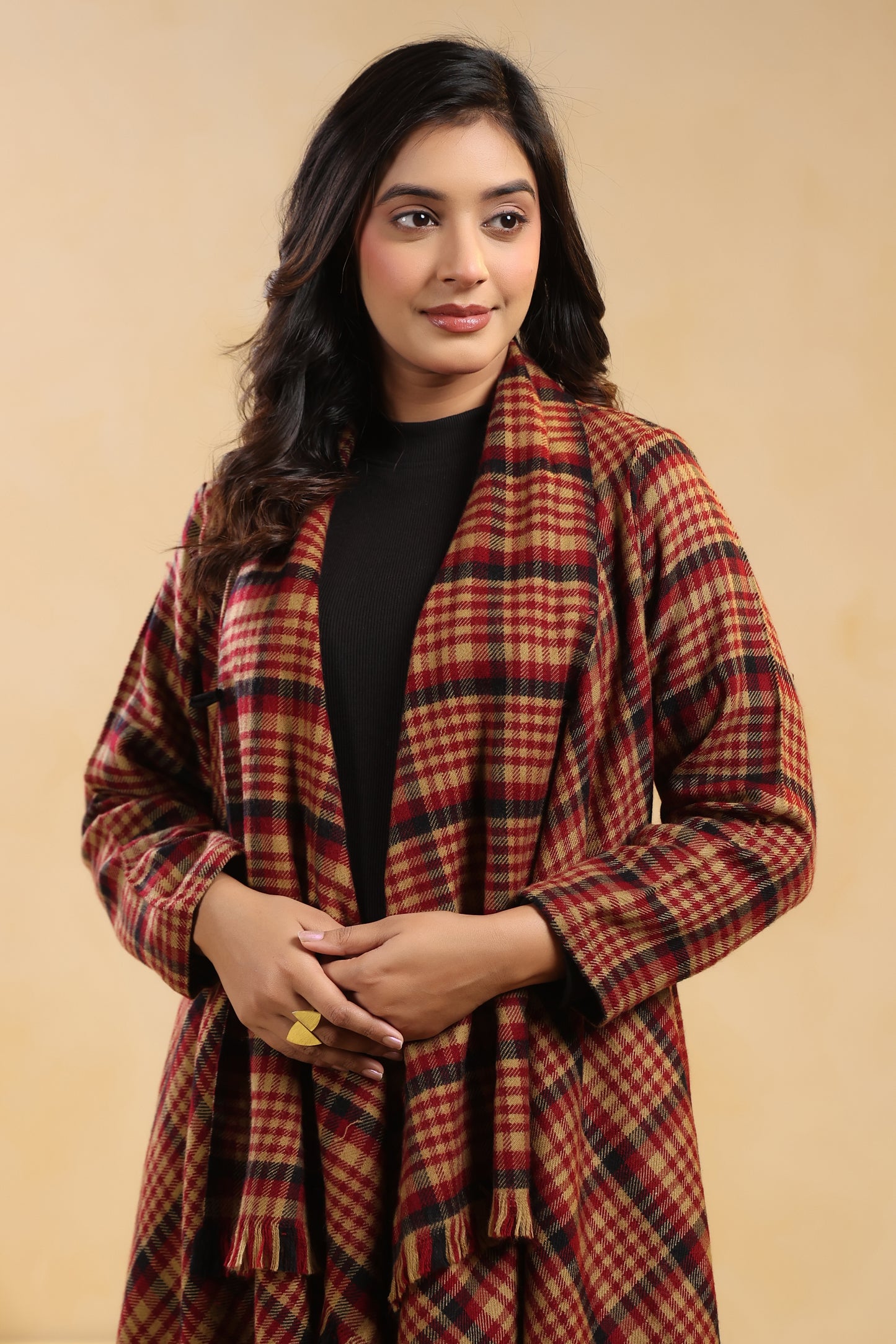 Women's Full Sleeve Woolen Checkered Shrug Cardigan | Maroon Check