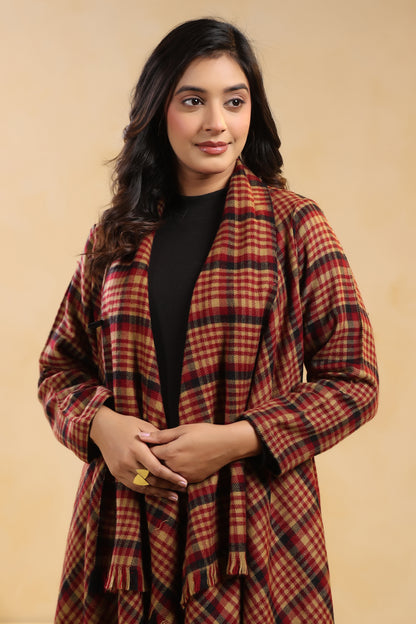 Women's Full Sleeve Woolen Checkered Shrug Cardigan | Maroon Check