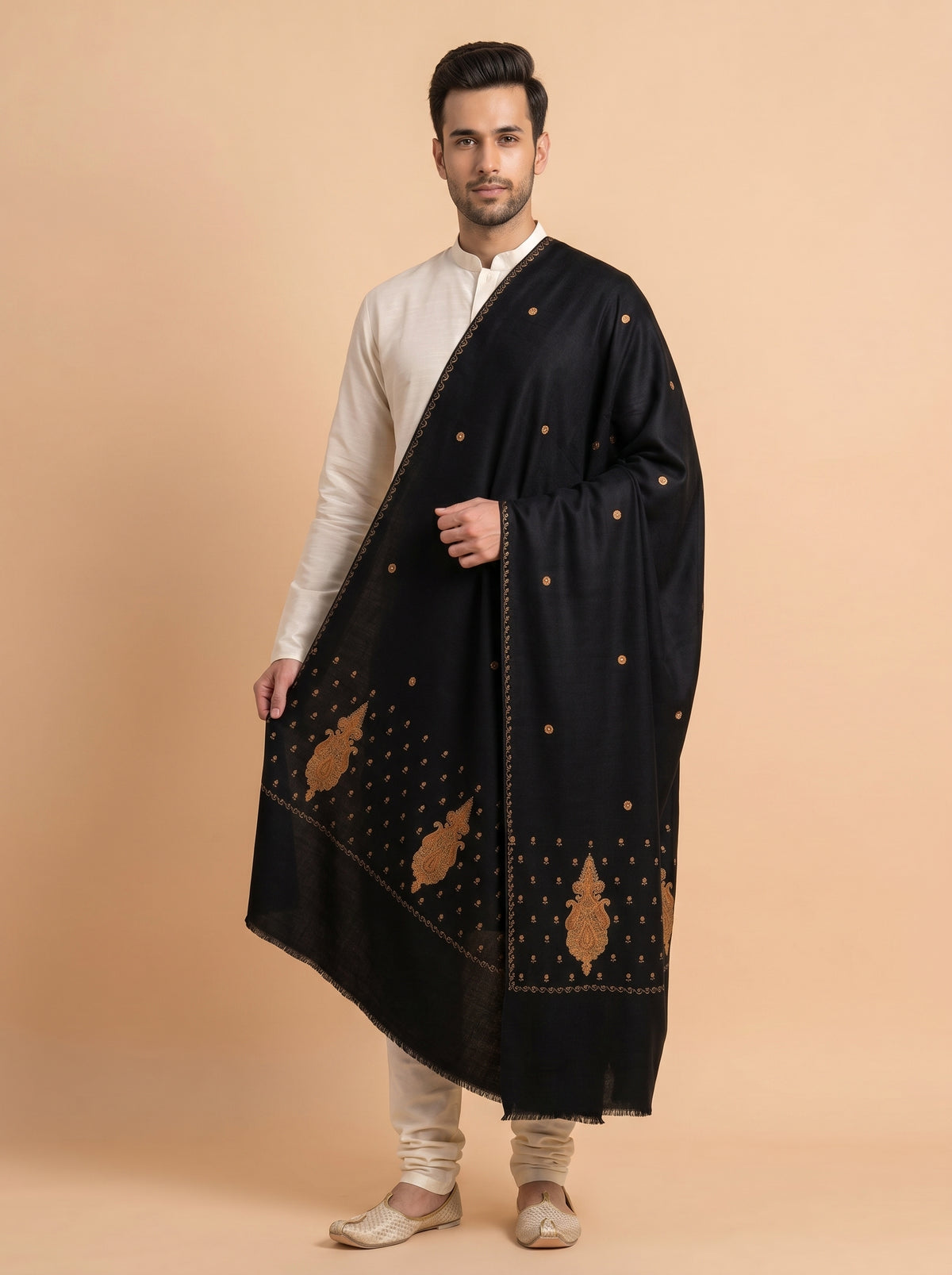 Fine Embroidery Paper Mache Kashmiri Wool Shawl for Men | Black - view 4