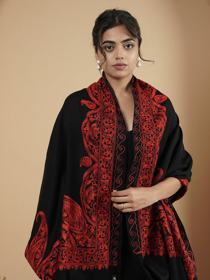 Floral Kashmiri Aari Embroidery Warm Stole with Fringed Border | Black