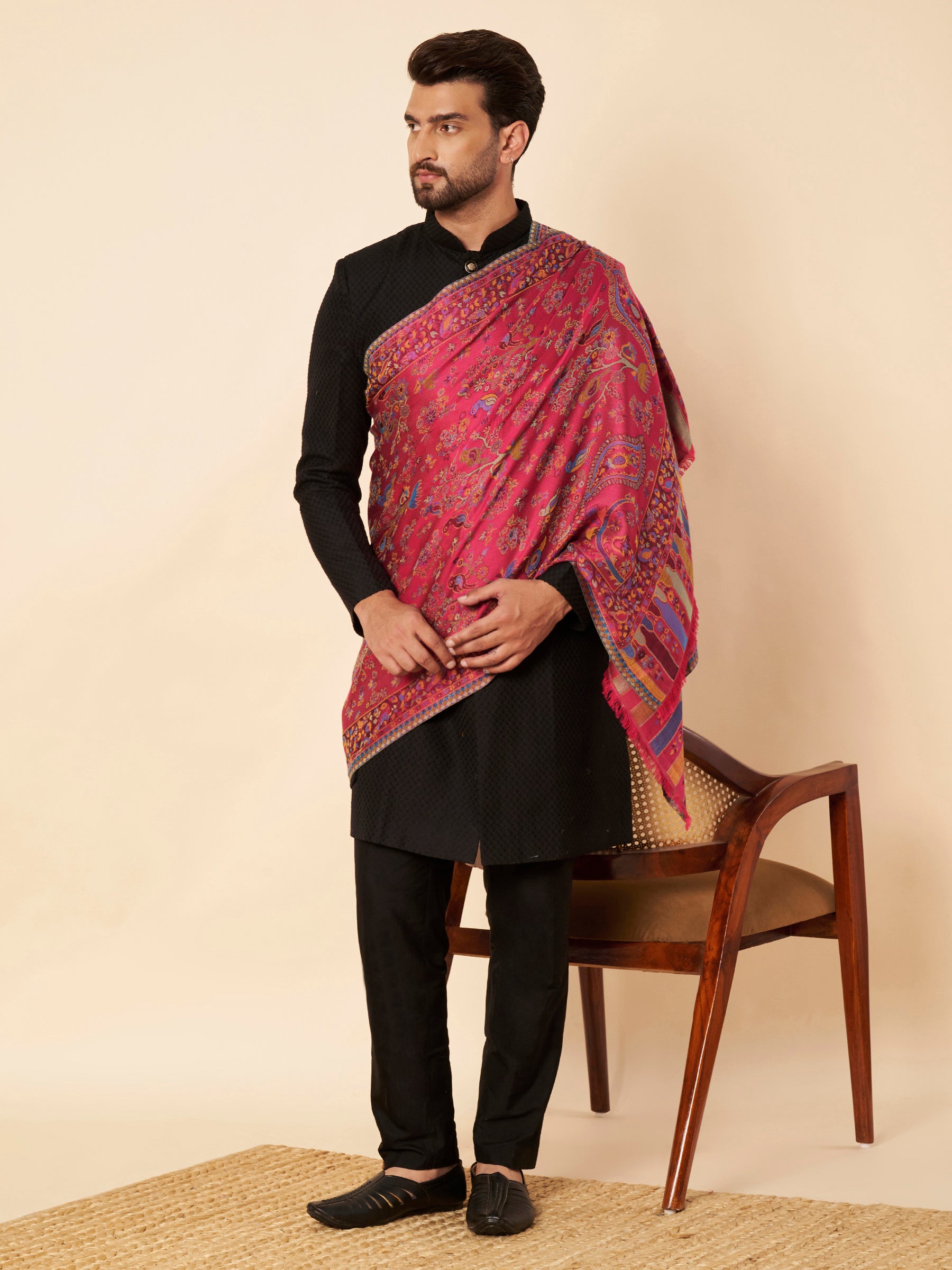 Kani Weave Lightweight Woolen Stole for Men | Magenta - view 4