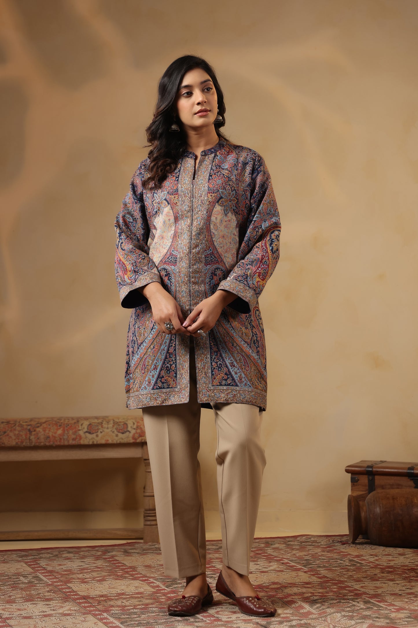 Women's Kaani Woven Winter Kurta | Navy Blue