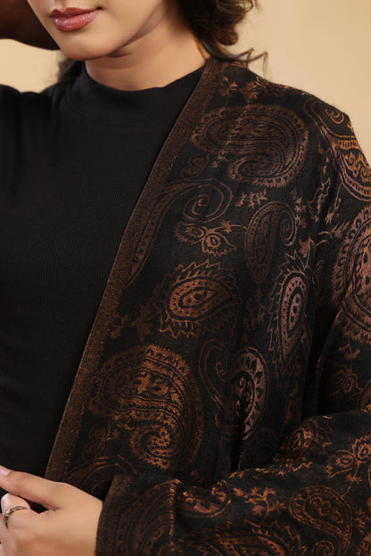 Fine Wool Black Zari Design Stole with Red Border