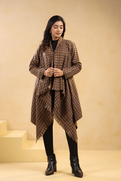 Women's Full Sleeve Woolen Checkered Shrug Cardigan | Brown Check