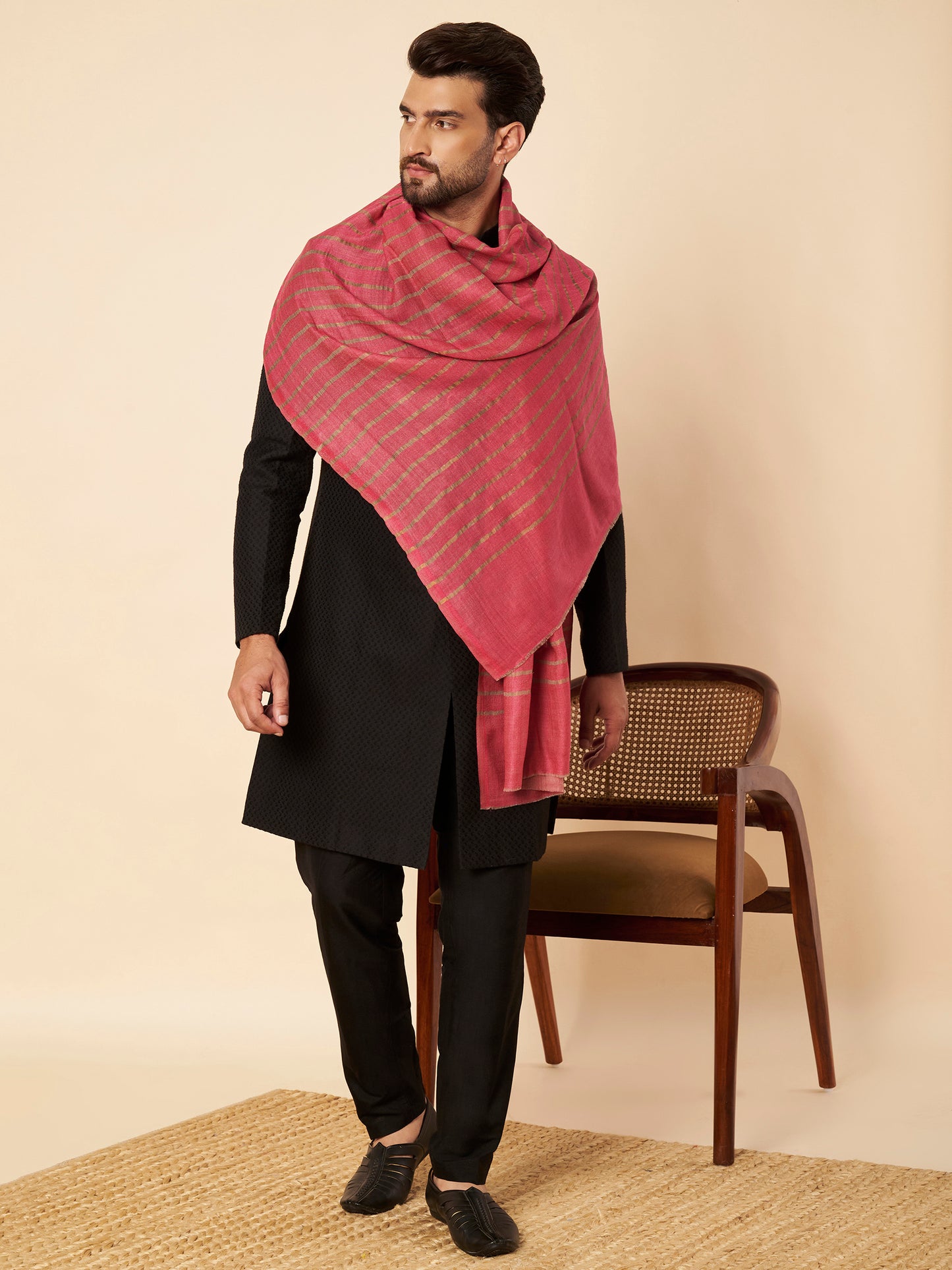 Fine Wool Horizontal Zari Stripes Stole | Pink
