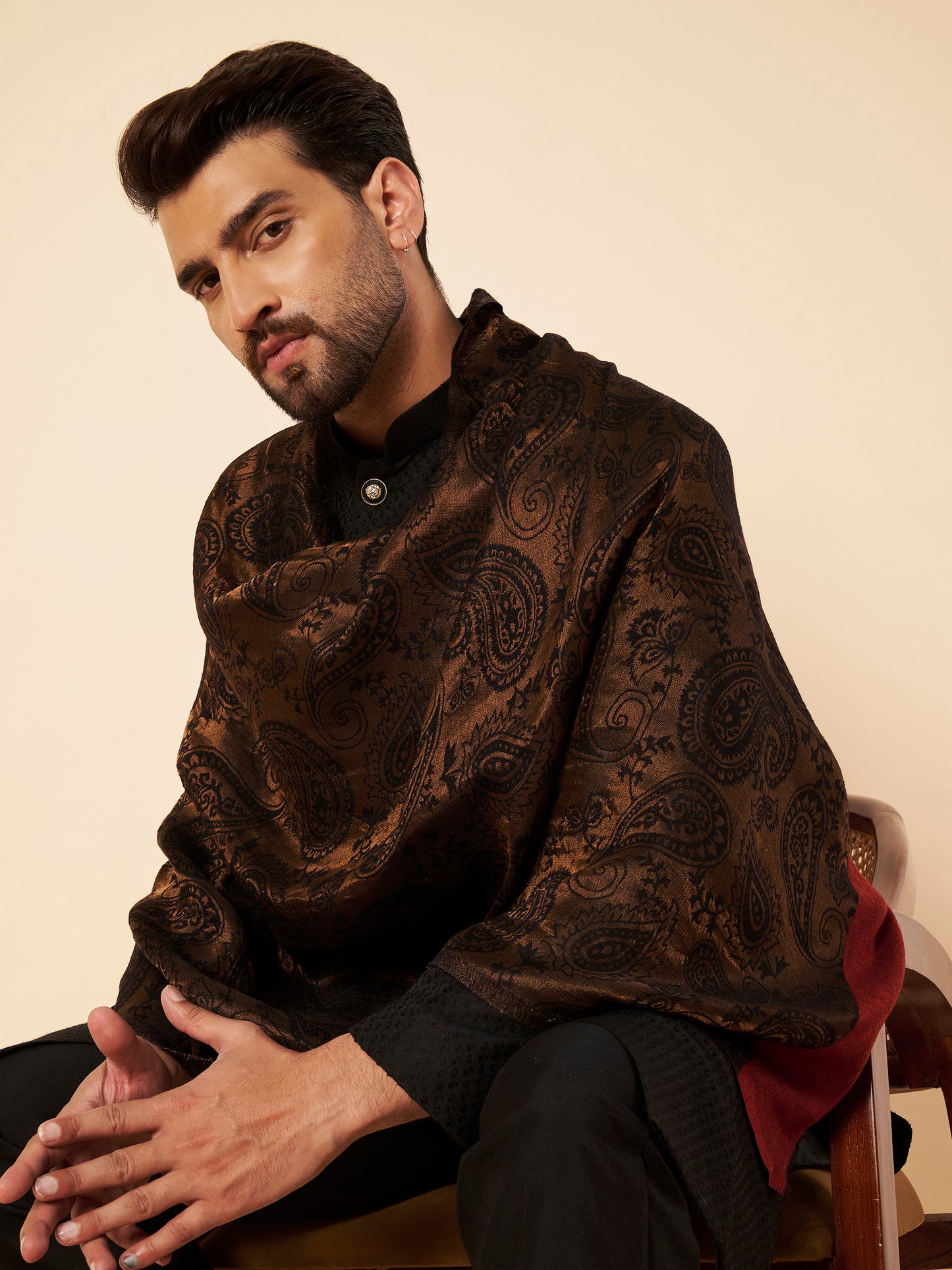 Fine Wool Black Zari Design Stole with Red Border