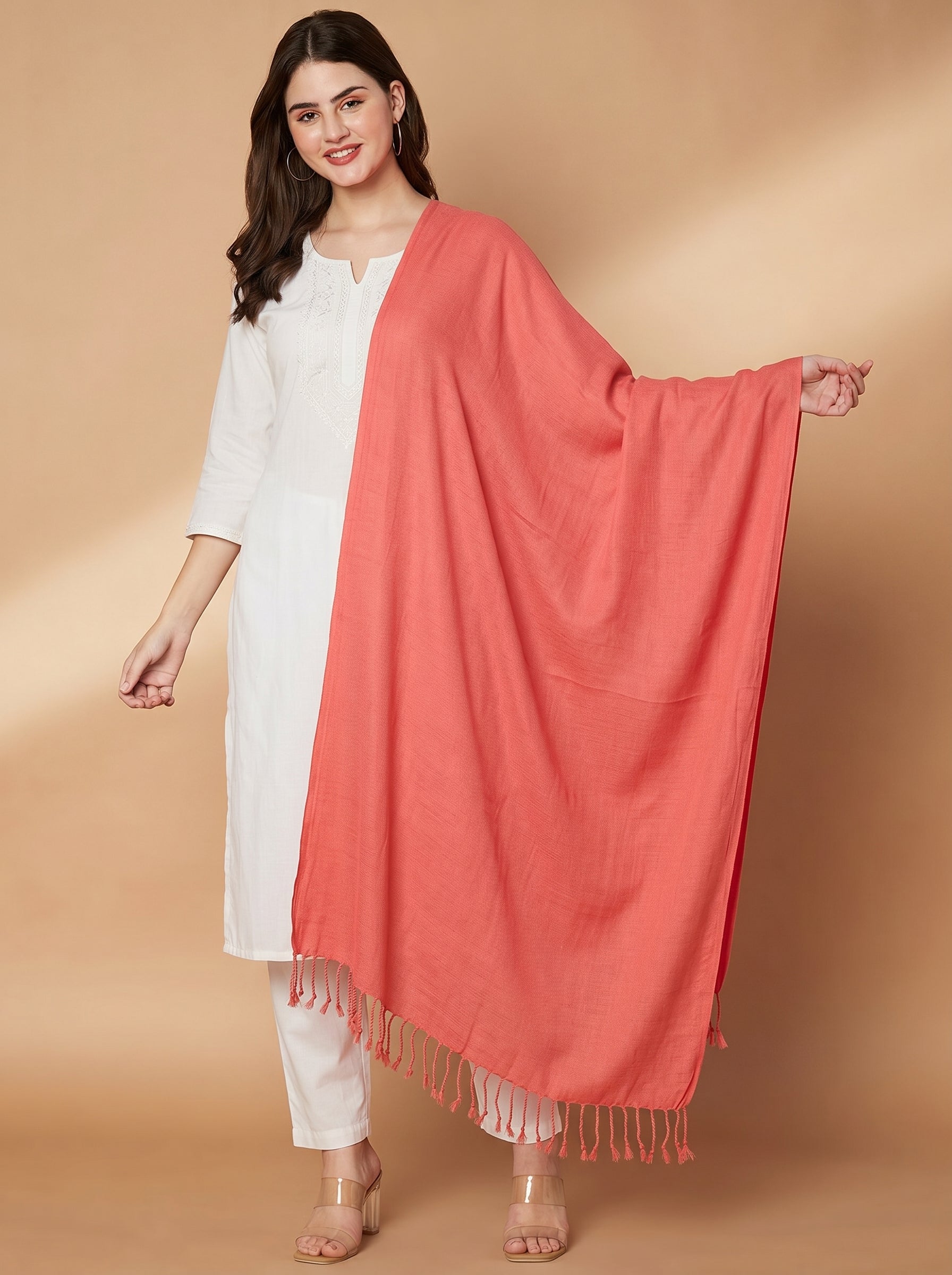 Plain Peach Woolen Stole for Women | Peach