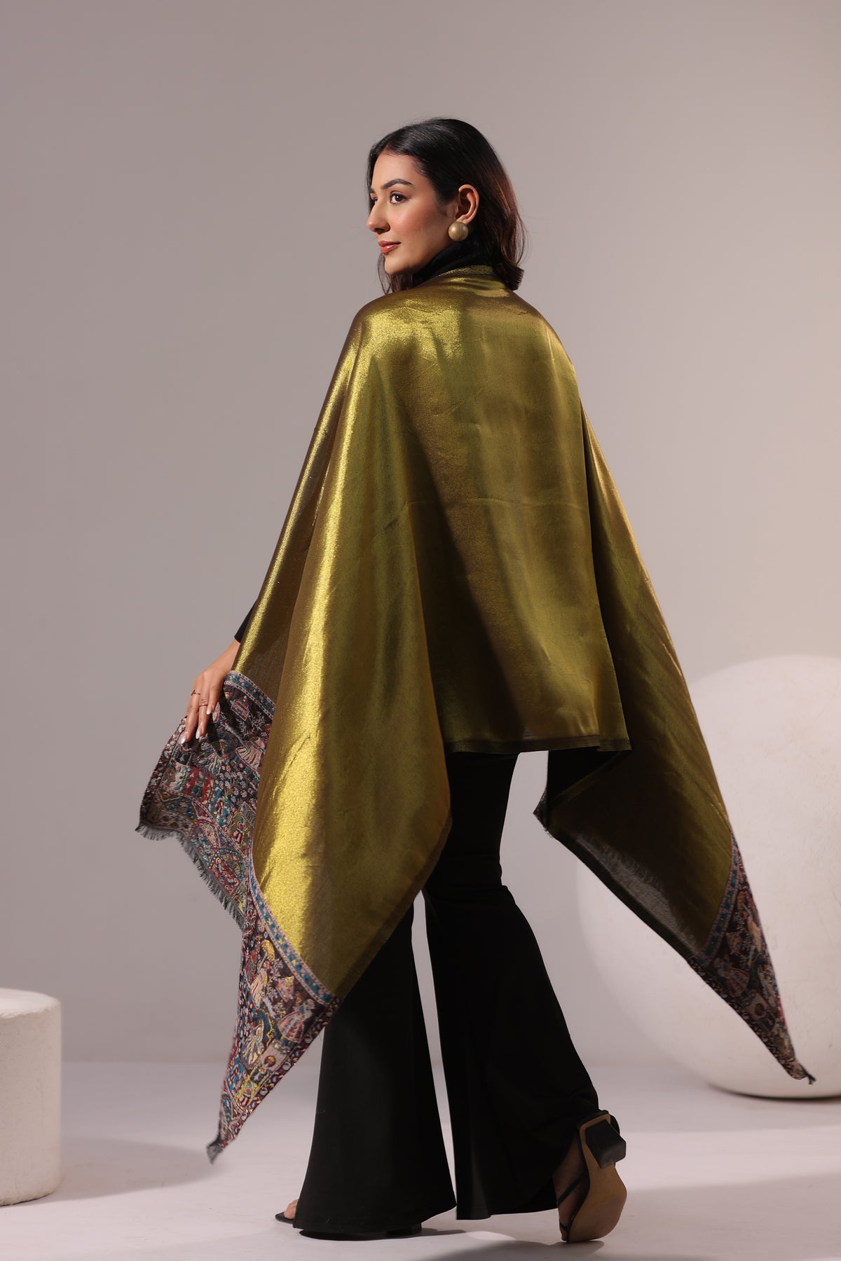 Women’s Premium Kani Woven Shawl with Zari Sheen | Gold Black - view 4