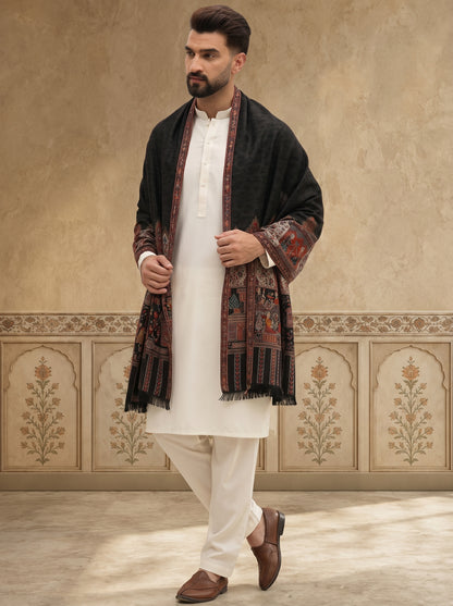 Kani Weave Pure Wool Shawl for Men with Royal Darbar Motifs Borders | Black - view 5