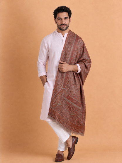 Kashmiri Kani Stole for Men in Floral Weaving | Brown - view 3