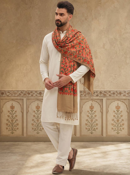 Kashmiri Aari Embroidery Woollen Stole for Men | Brown