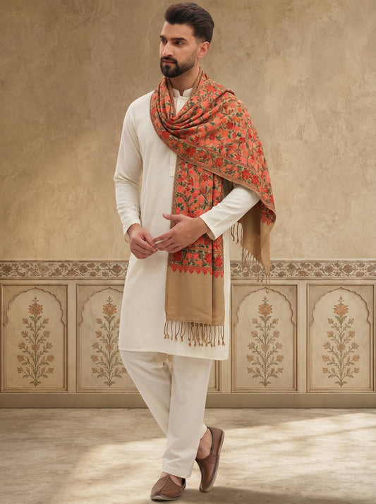 Kashmiri Aari Embroidery Woollen Stole for Men | Brown