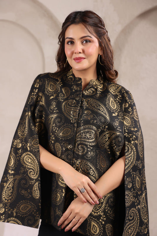 Women's Designer Zari Weave Paisley Cape Jacket | Black