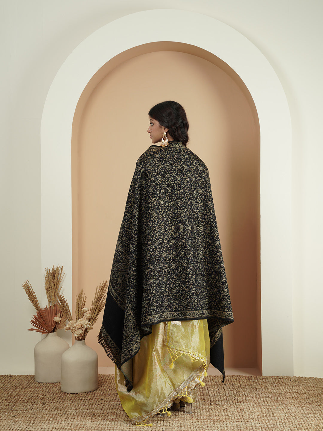 Woolen Kani Shawl with Intricate Kashmiri Paisley & Floral Woven Design | Black - view 4