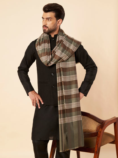 Men's Woollen Lohi Shawl | Grey Brown Stripe Check