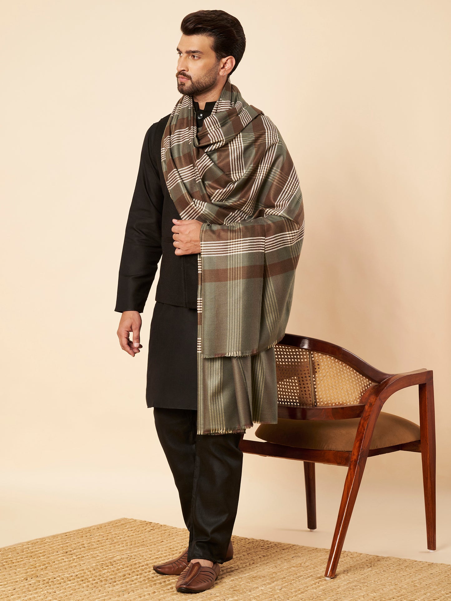 Men's Woollen Lohi Shawl | Grey Brown Stripe Check