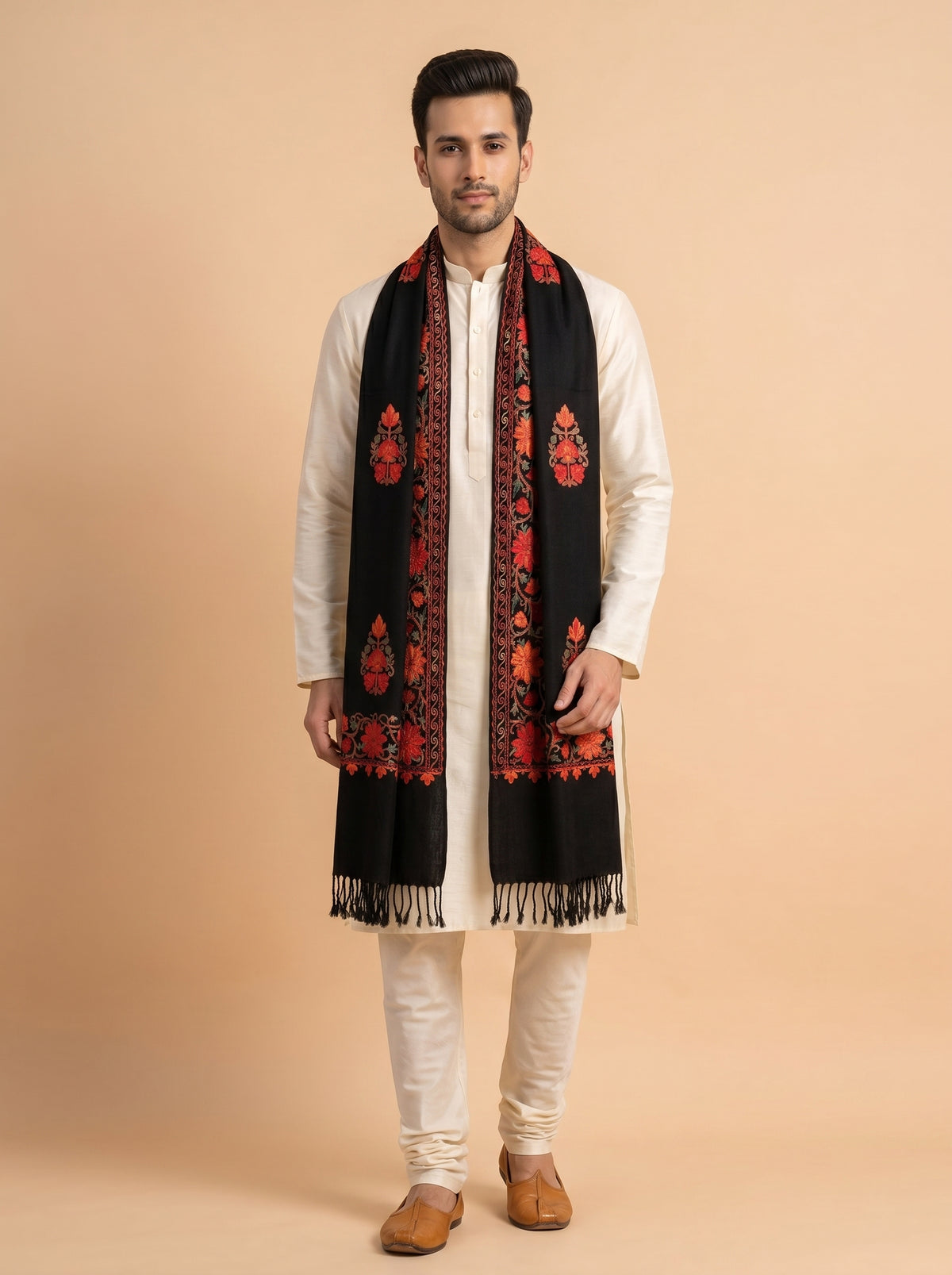 Kashmiri Aari Embroidered Woollen Stole for Men | Black
