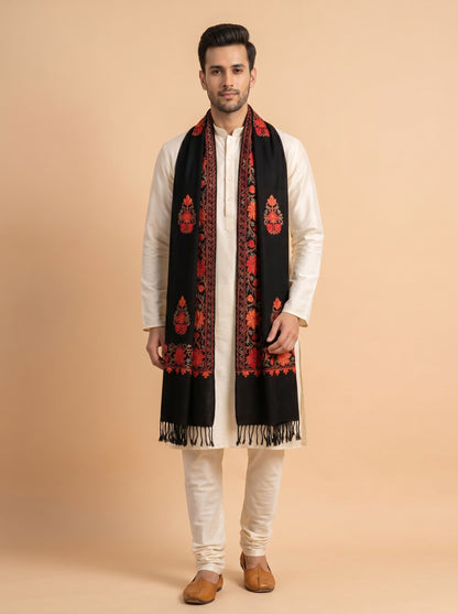 Kashmiri Aari Embroidered Woollen Stole for Men | Black
