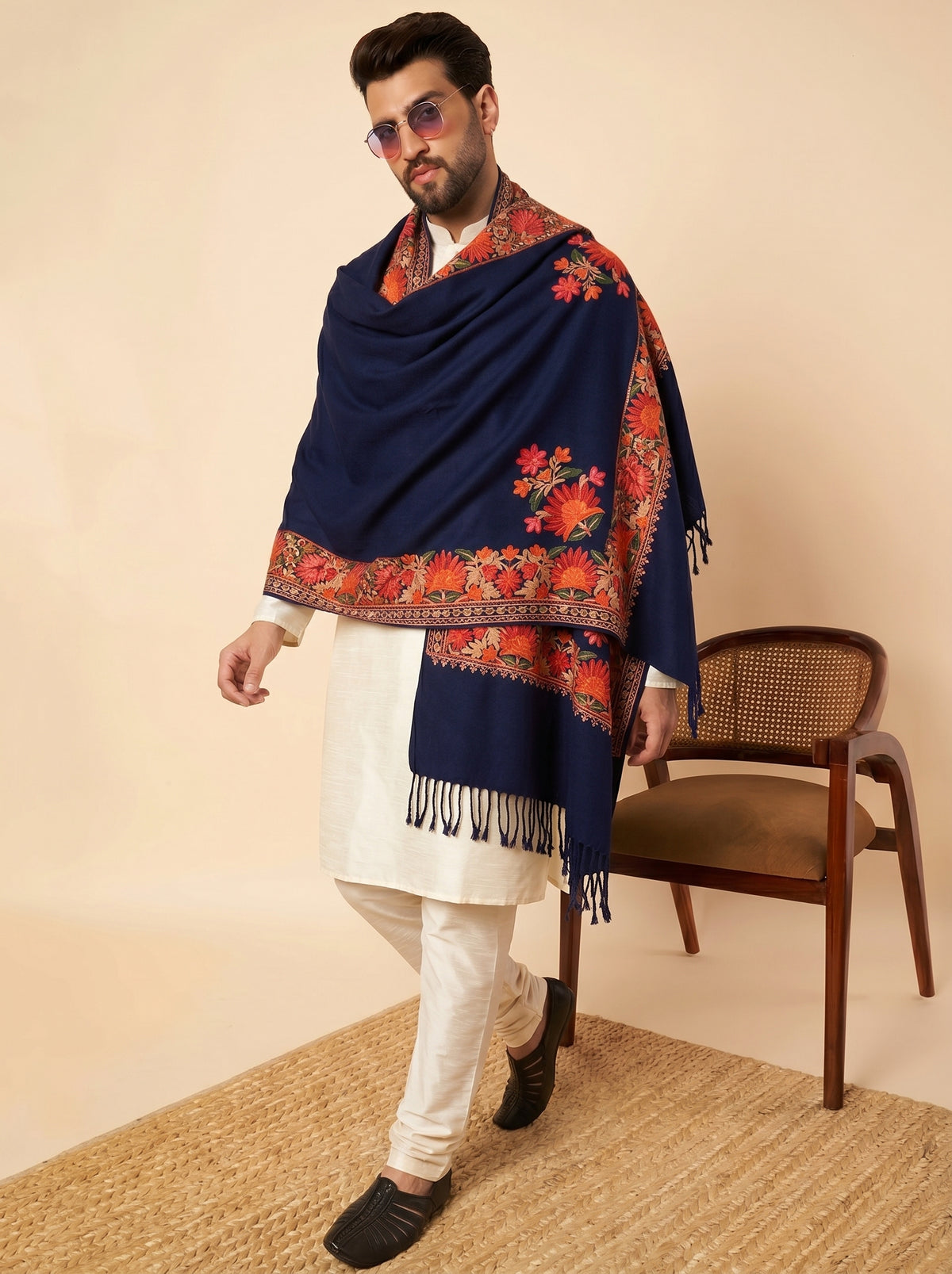 Kashmiri Aari Embroidery Woollen Stole for Men | Blue