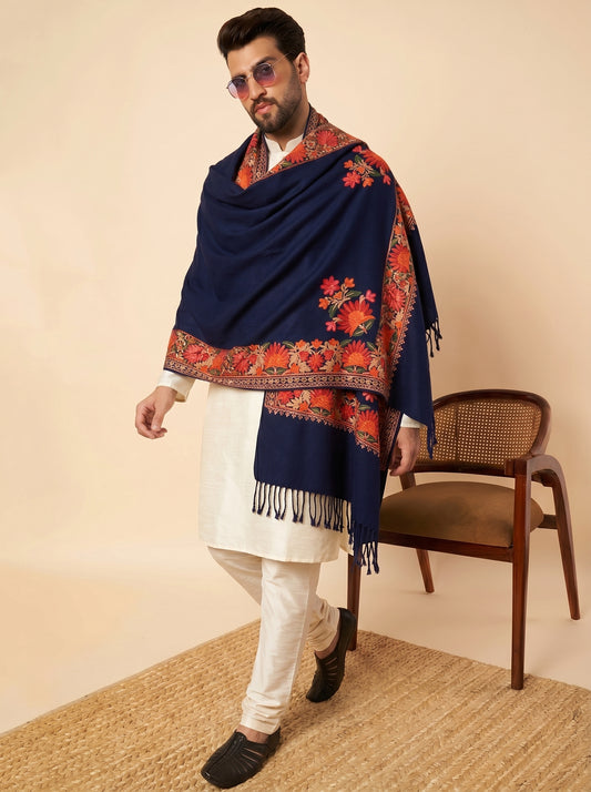Kashmiri Aari Embroidery Woollen Stole for Men | Blue