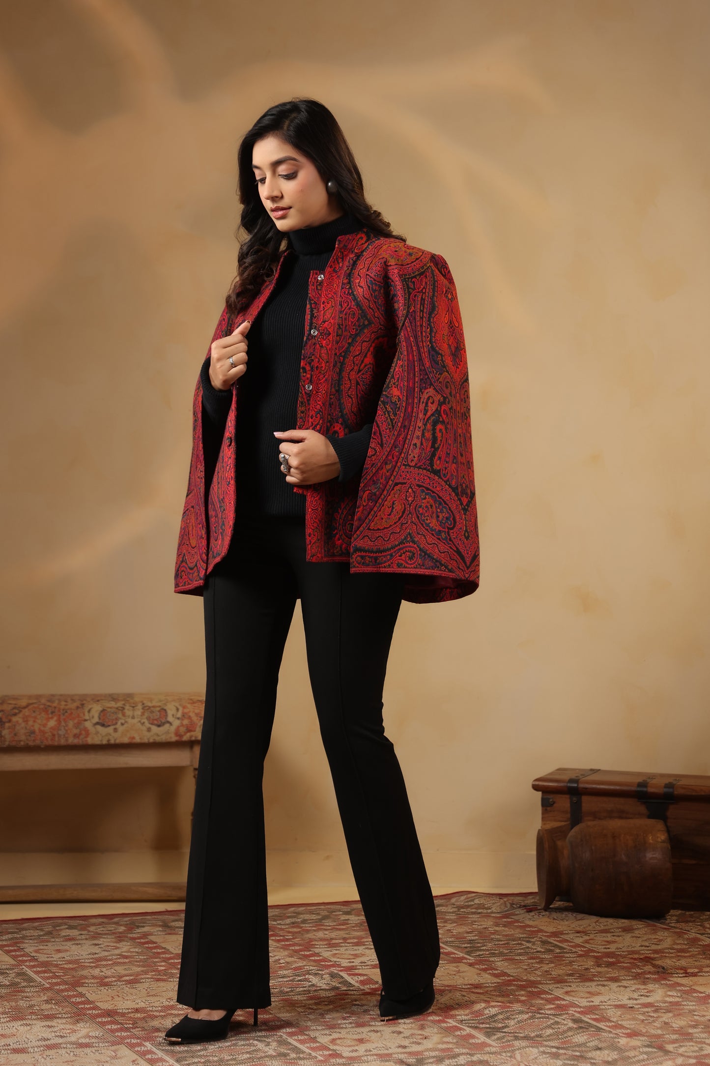 Women's Royal Designer Paisley Weave Cape Jacket | Red
