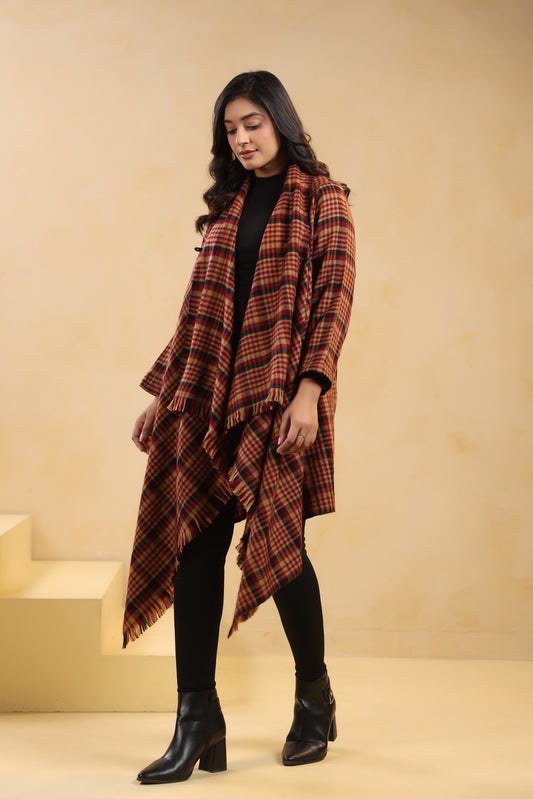 Women's Full Sleeve Woolen Checkered Shrug Cardigan | Maroon Check