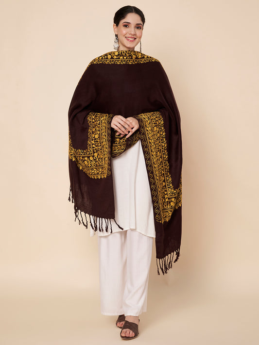 Floral Kashmiri Embroidery Warm Stole with Fringed Border | Coffee Brown