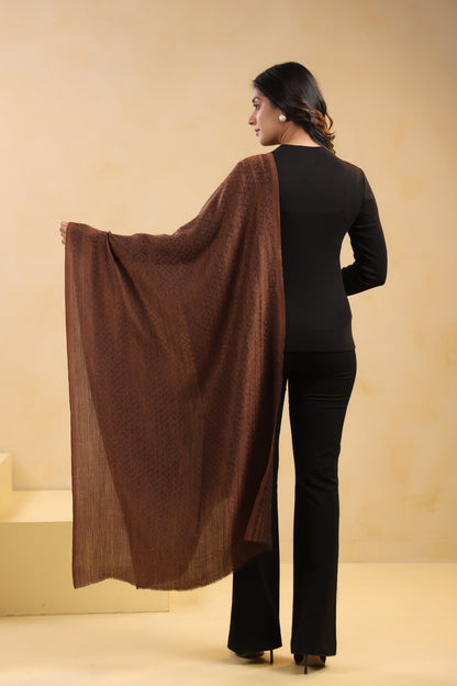 Fine Wool Solid Self Design Zari Stole | Brown