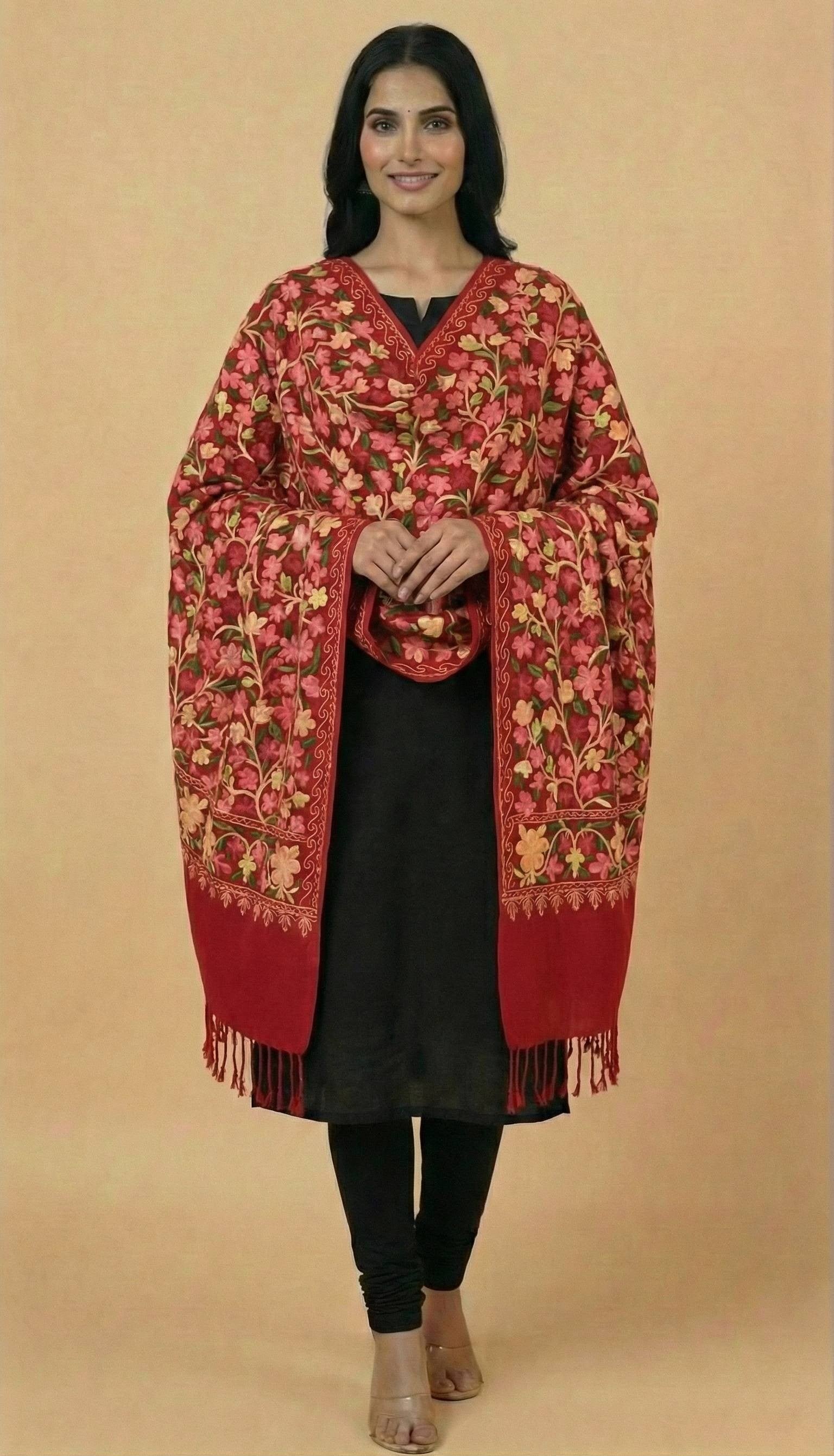 Kashmiri Aari Embroidery Woollen Stole for Women | Red - view 2