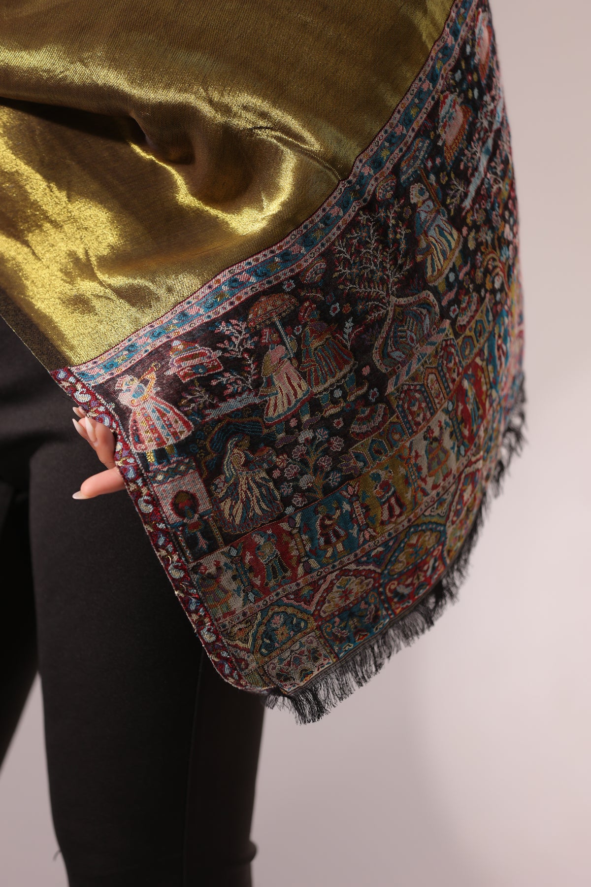 Women’s Premium Kani Woven Shawl with Zari Sheen | Gold Black - view 3