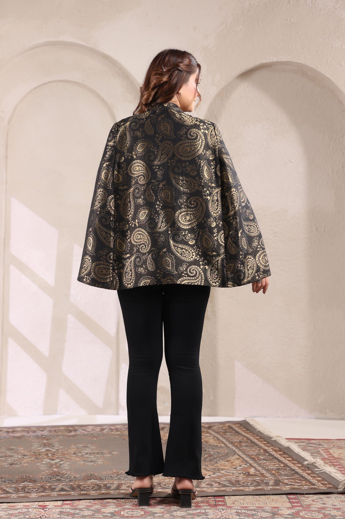 Women's Designer Zari Weave Paisley Cape Jacket | Black