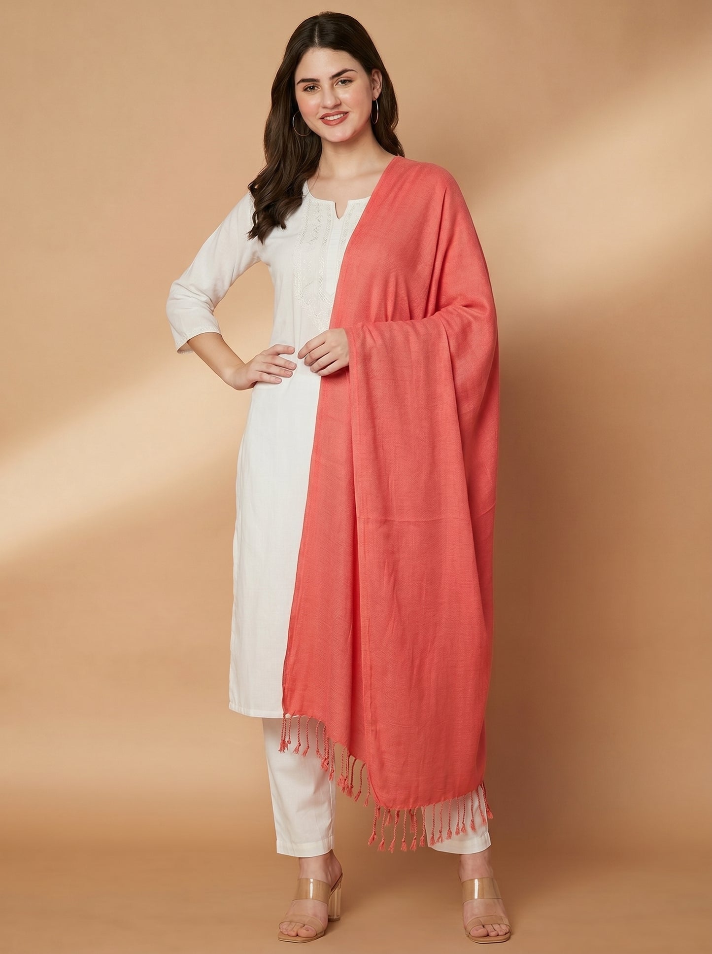 Plain Peach Woolen Stole for Women | Peach - view 2