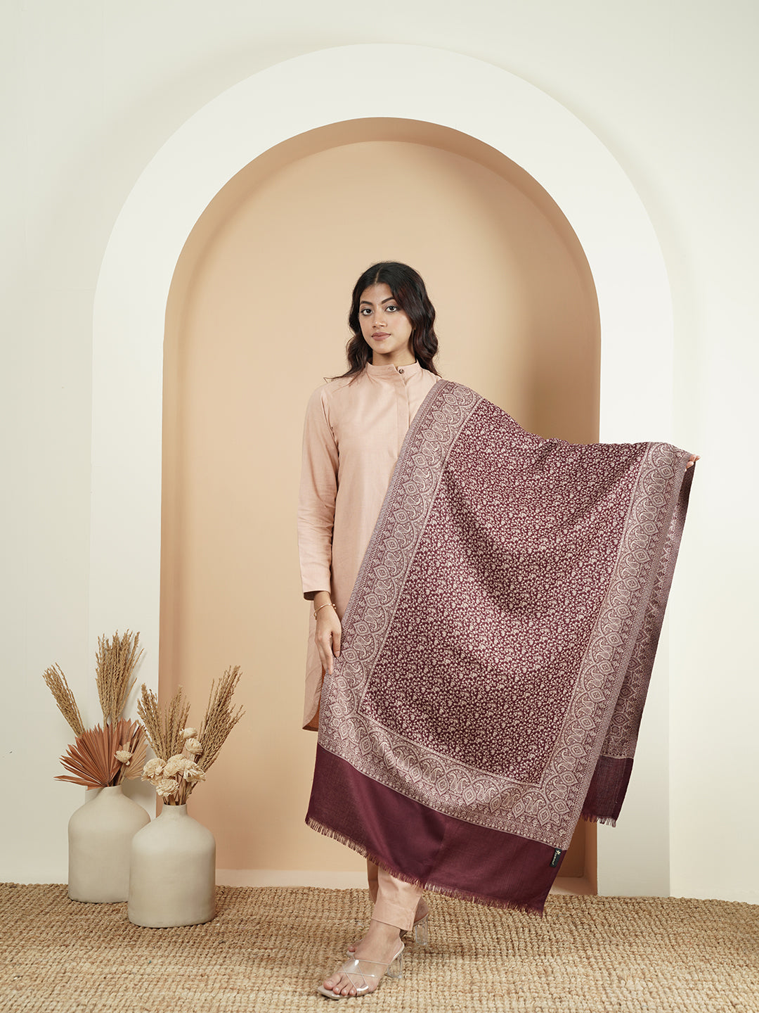 Floral All-over Kani Weave Woolen Stole with Paisley Border | Maroon