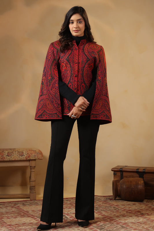 Women's Royal Designer Paisley Weave Cape Jacket | Red - view 6
