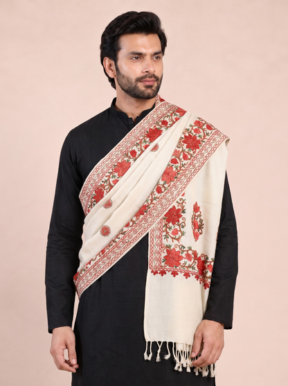 Kashmiri Aari Embroidered Woollen Stole for Men | Off White - view 4