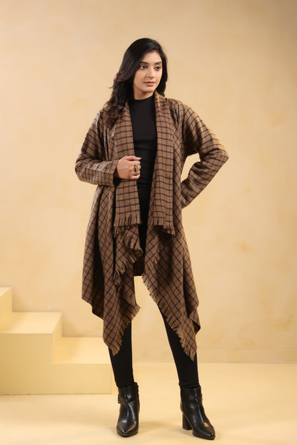 Women's Full Sleeve Woolen Checkered Shrug Cardigan | Brown Check