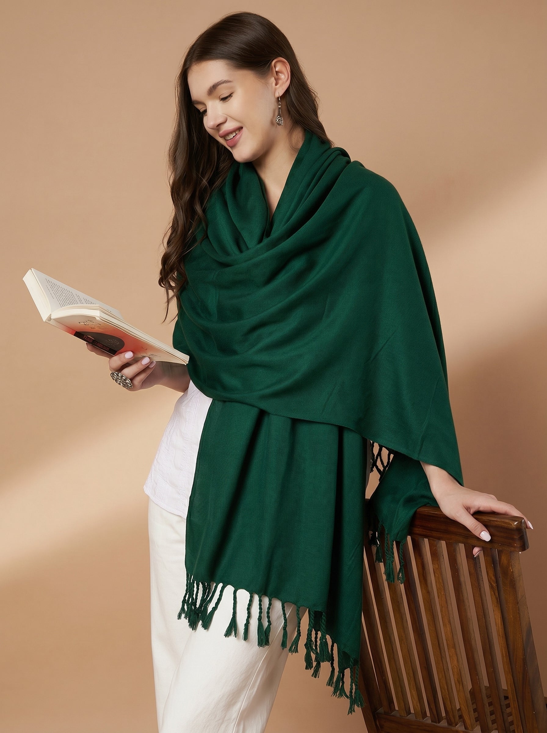 Plain Bottle Green Woolen Stole for Women | Bottle Green - view 6
