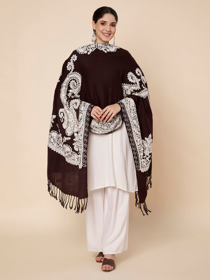 Floral Kashmiri Embroidery Warm Stole with Fringed Border | Coffee Brown