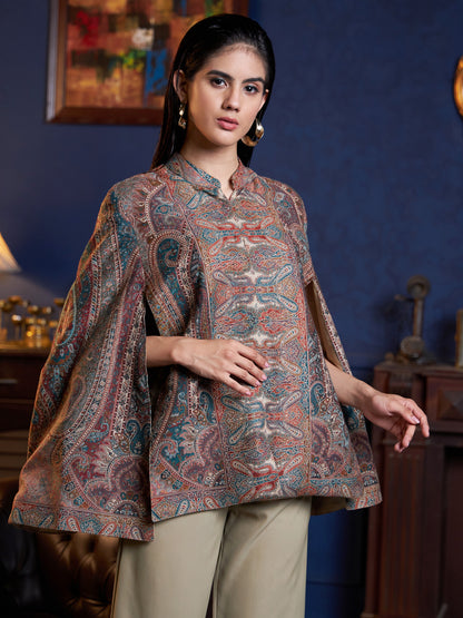 Woven Jamawar Designer Luxury Cape Jacket for Women | Multicolor
